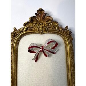 Vintage Red Enamel and Rhinestone Bow Brooch Silver Tone Holiday Ribbon Pin